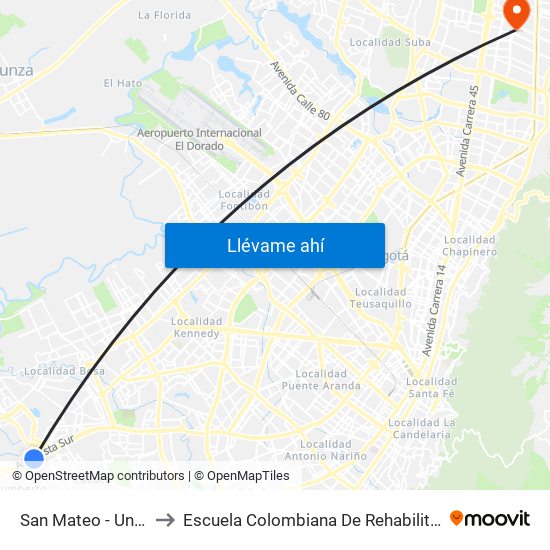 San Mateo - Unisur to Escuela Colombiana De Rehabilitacion map