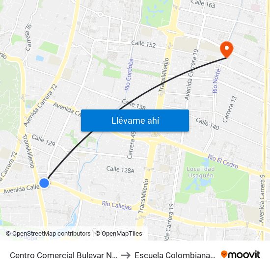 Centro Comercial Bulevar Niza (Ac 127 - Av. Suba) to Escuela Colombiana De Rehabilitacion map
