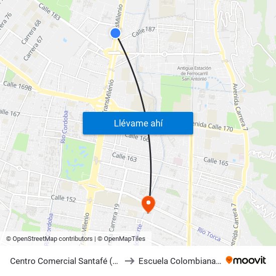 Centro Comercial Santafé (Auto Norte - Cl 187) (B) to Escuela Colombiana De Rehabilitacion map