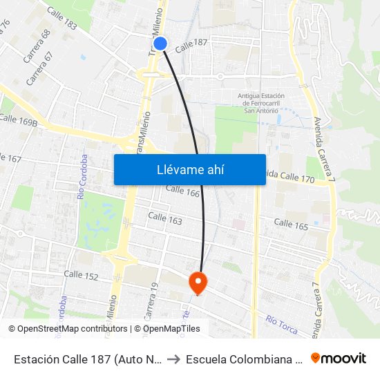 Estación Calle 187 (Auto Norte - Cl 187 Bis) (A) to Escuela Colombiana De Rehabilitacion map