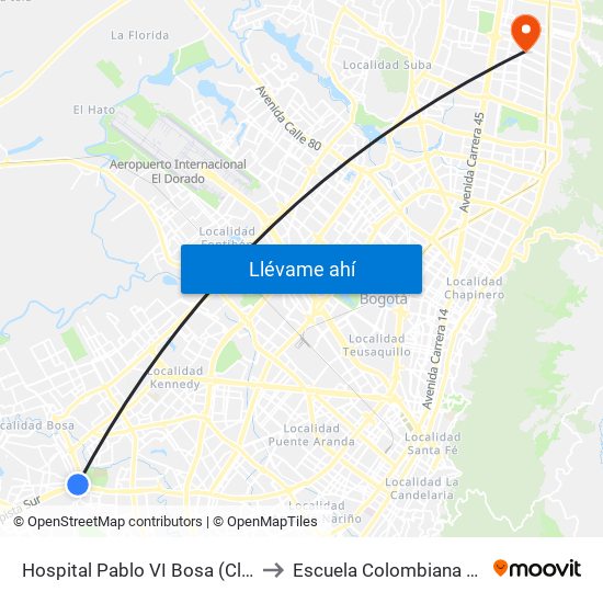 Hospital Pablo VI Bosa (Cl 63 Sur - Kr 77g) (A) to Escuela Colombiana De Rehabilitacion map