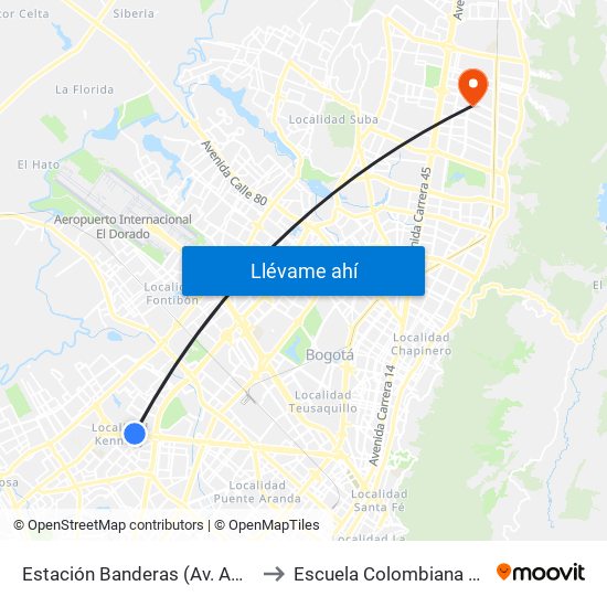 Estación Banderas (Av. Américas - Kr 78a) (A) to Escuela Colombiana De Rehabilitacion map