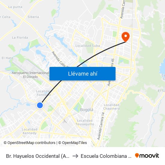 Br. Hayuelos Occidental (Av. Centenario - Kr 87) to Escuela Colombiana De Rehabilitacion map