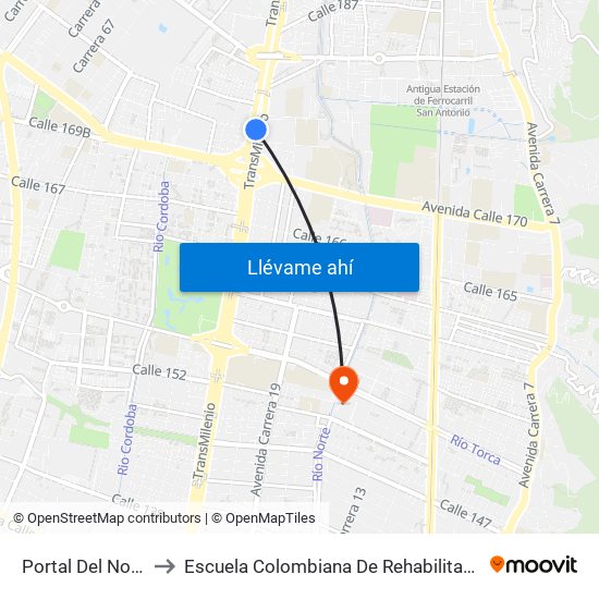 Portal Del Norte to Escuela Colombiana De Rehabilitacion map