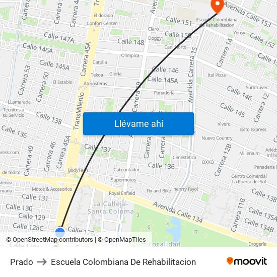 Prado to Escuela Colombiana De Rehabilitacion map