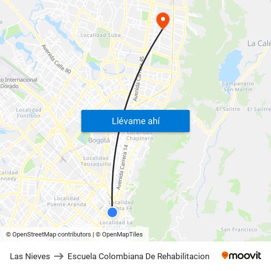 Las Nieves to Escuela Colombiana De Rehabilitacion map