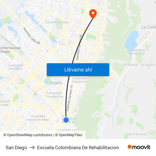 San Diego to Escuela Colombiana De Rehabilitacion map