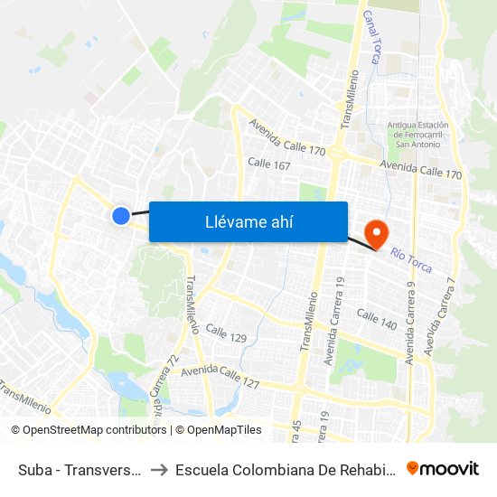 Suba - Transversal 91 to Escuela Colombiana De Rehabilitacion map