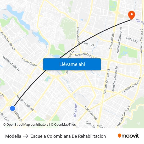 Modelia to Escuela Colombiana De Rehabilitacion map