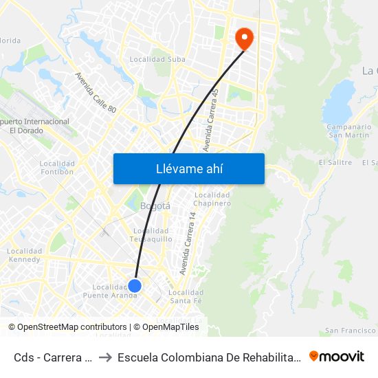 Cds - Carrera 32 to Escuela Colombiana De Rehabilitacion map