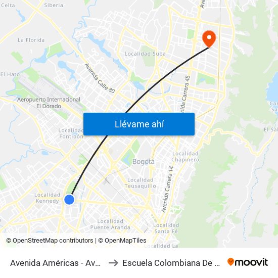Avenida Américas - Avenida Boyacá to Escuela Colombiana De Rehabilitacion map