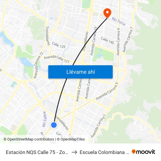 Estación NQS Calle 75 - Zona M (Av. NQS - Cl 75) to Escuela Colombiana De Rehabilitacion map