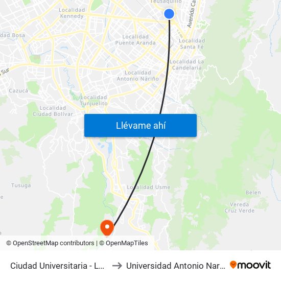 Ciudad Universitaria - Lotería De Bogotá to Universidad Antonio Nariño - Sede Usme map