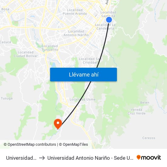 Universidades to Universidad Antonio Nariño - Sede Usme map