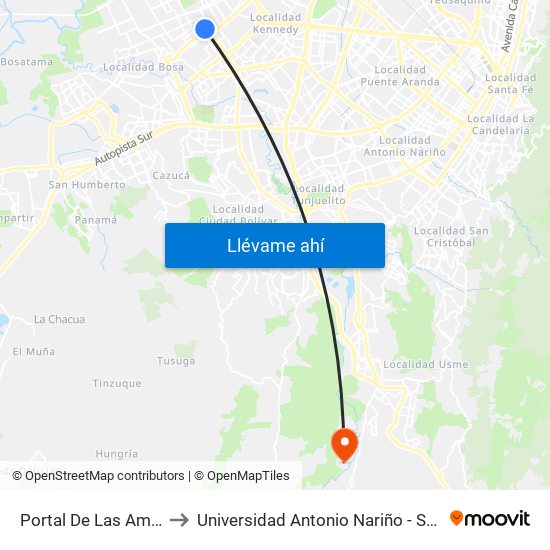 Portal De Las Américas to Universidad Antonio Nariño - Sede Usme map