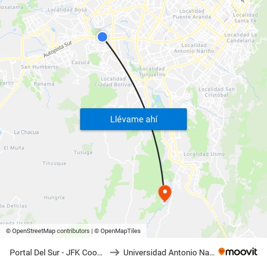 Portal Del Sur - JFK Cooperativa Financiera to Universidad Antonio Nariño - Sede Usme map