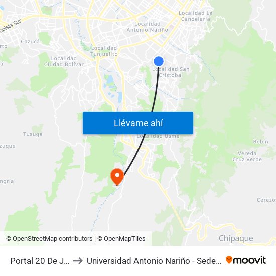 Portal 20 De Julio to Universidad Antonio Nariño - Sede Usme map