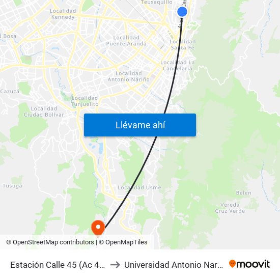Estación Calle 45 (Ac 45 - Av. Caracas) to Universidad Antonio Nariño - Sede Usme map