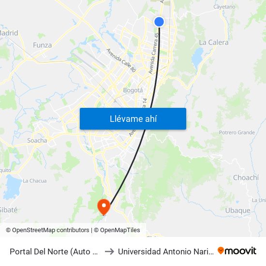 Portal Del Norte (Auto Norte - Cl 174a) to Universidad Antonio Nariño - Sede Usme map