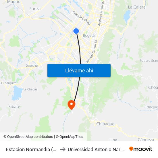 Estación Normandía (Ac 26 - Kr 74) to Universidad Antonio Nariño - Sede Usme map