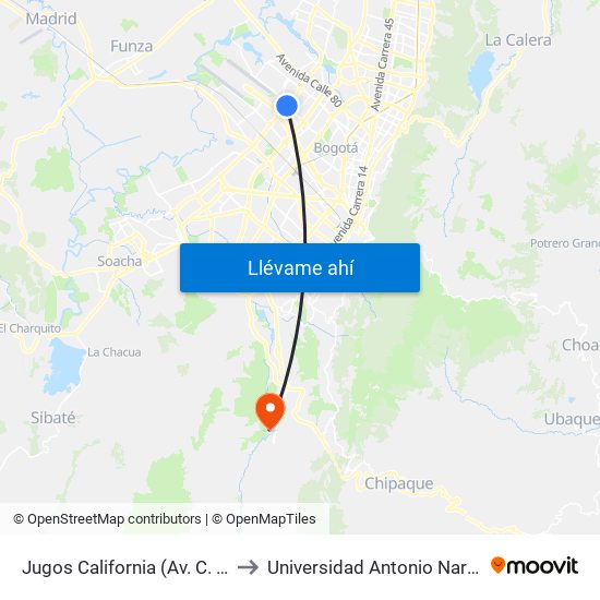 Jugos California (Av. C. De Cali - Ac 63) to Universidad Antonio Nariño - Sede Usme map
