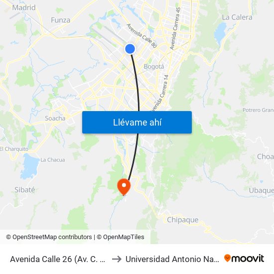 Avenida Calle 26 (Av. C. De Cali - Cl 51) (A) to Universidad Antonio Nariño - Sede Usme map