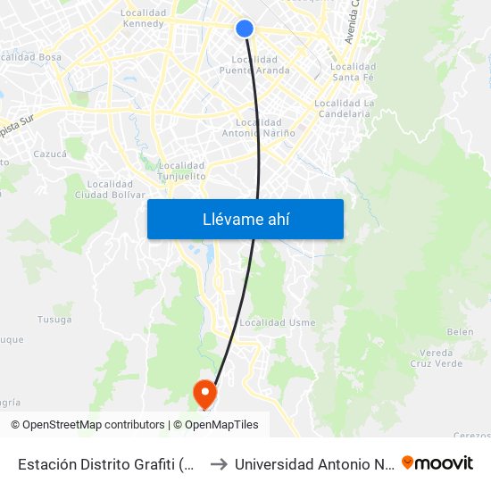 Estación Distrito Grafiti (Av. Américas - Kr 53a) to Universidad Antonio Nariño - Sede Usme map