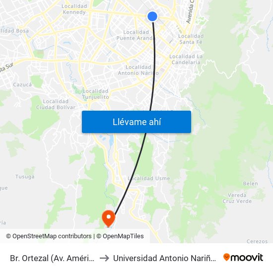 Br. Ortezal (Av. Américas - Tv 39) to Universidad Antonio Nariño - Sede Usme map