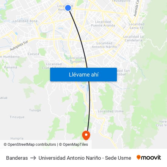 Banderas to Universidad Antonio Nariño - Sede Usme map