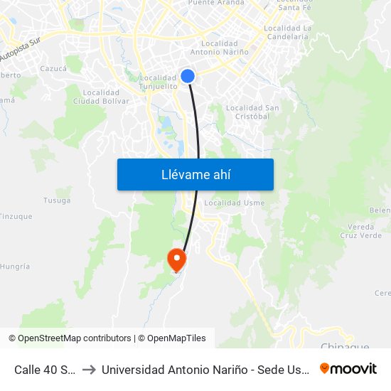 Calle 40 Sur to Universidad Antonio Nariño - Sede Usme map