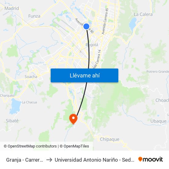 Granja - Carrera 77 to Universidad Antonio Nariño - Sede Usme map