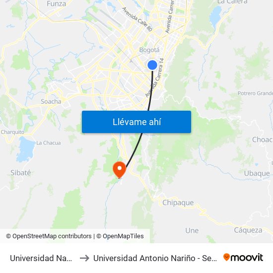 Universidad Nacional to Universidad Antonio Nariño - Sede Usme map