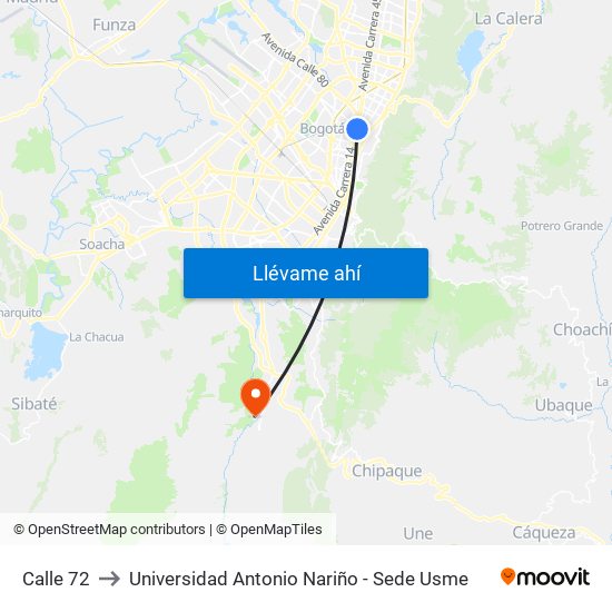 Calle 72 to Universidad Antonio Nariño - Sede Usme map