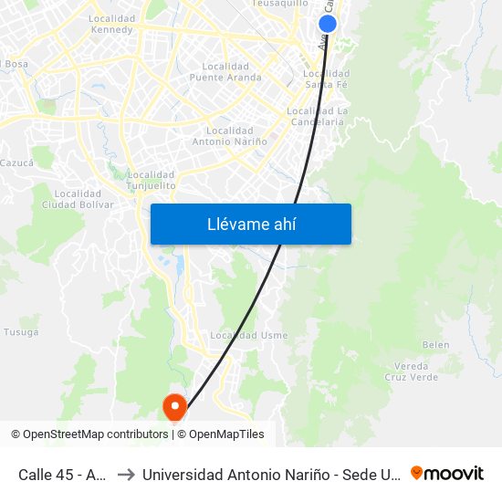 Calle 45 - Asw to Universidad Antonio Nariño - Sede Usme map