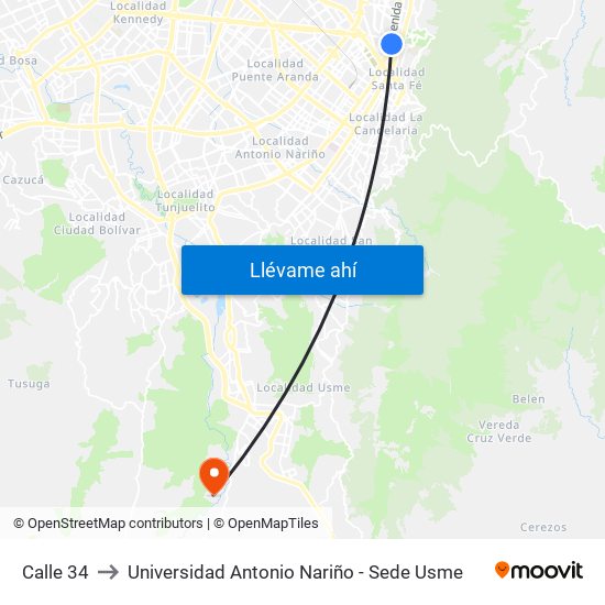 Calle 34 to Universidad Antonio Nariño - Sede Usme map