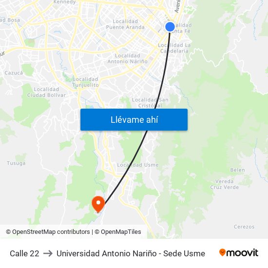 Calle 22 to Universidad Antonio Nariño - Sede Usme map