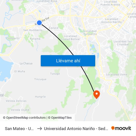 San Mateo - Unisur to Universidad Antonio Nariño - Sede Usme map