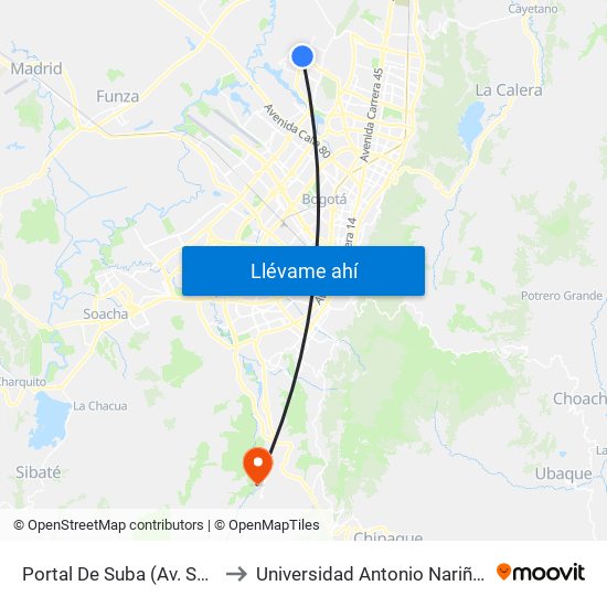 Portal De Suba (Av. Suba - Kr 106) to Universidad Antonio Nariño - Sede Usme map