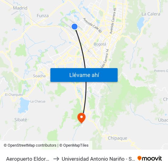 Aeropuerto Eldorado (B) to Universidad Antonio Nariño - Sede Usme map