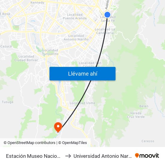 Estación Museo Nacional (Ak 7 - Cl 29) to Universidad Antonio Nariño - Sede Usme map