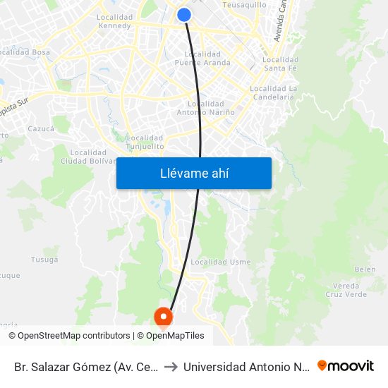 Br. Salazar Gómez (Av. Centenario - Kr 65) (A) to Universidad Antonio Nariño - Sede Usme map