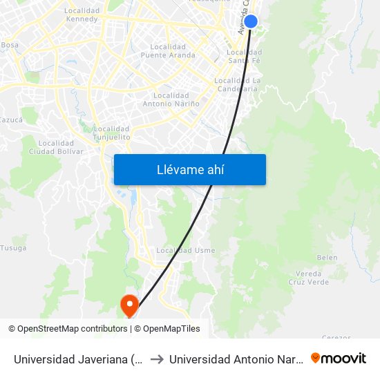 Universidad Javeriana (Ak 7 - Cl 40) (B) to Universidad Antonio Nariño - Sede Usme map