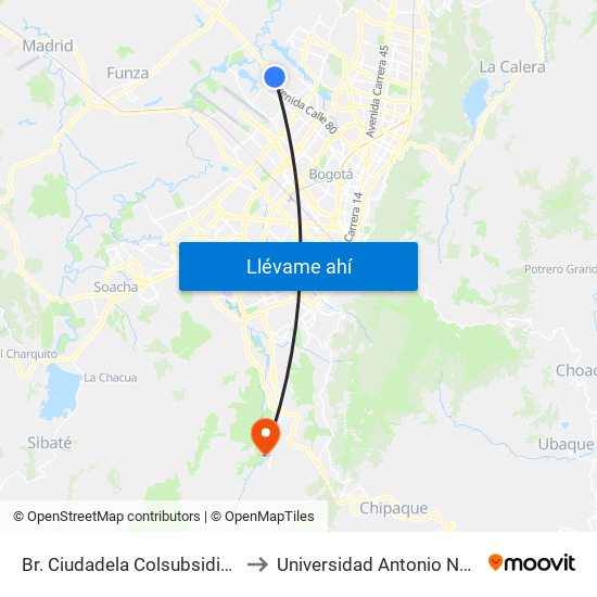 Br. Ciudadela Colsubsidio (Ac 80 - Kr 112a) to Universidad Antonio Nariño - Sede Usme map