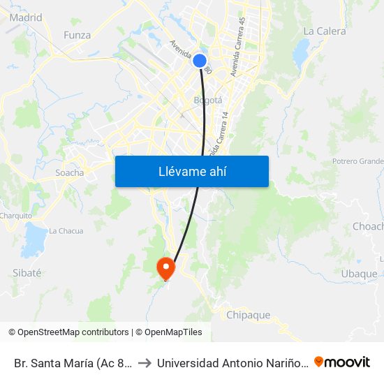 Br. Santa María (Ac 80 - Kr 73b) to Universidad Antonio Nariño - Sede Usme map