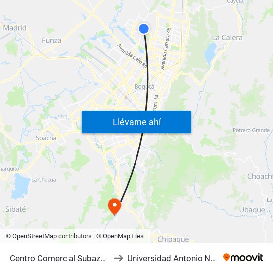 Centro Comercial Subazar (Av. Suba - Kr 91) to Universidad Antonio Nariño - Sede Usme map