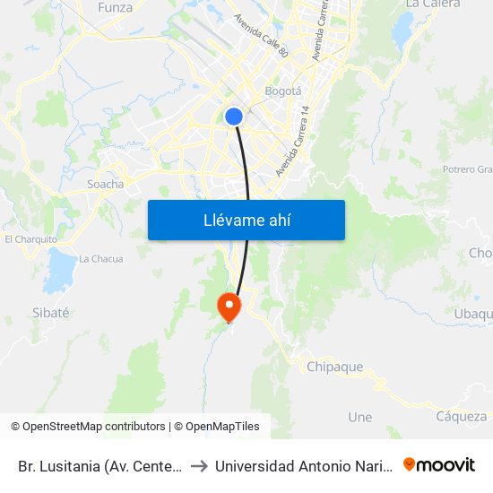 Br. Lusitania (Av. Centenario - Kr 68b) to Universidad Antonio Nariño - Sede Usme map