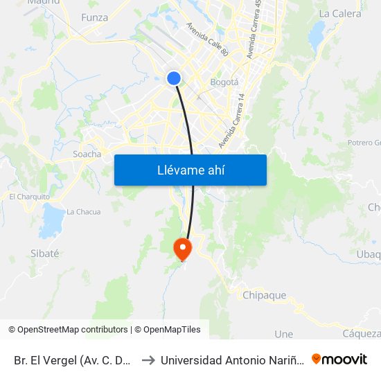Br. El Vergel (Av. C. De Cali - Cl 18) to Universidad Antonio Nariño - Sede Usme map