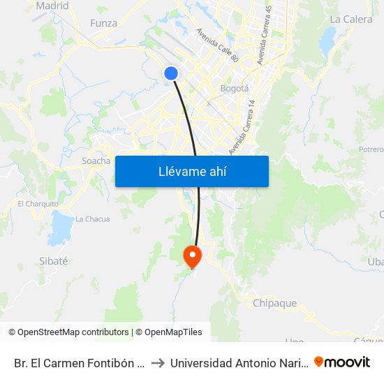 Br. El Carmen Fontibón (Cl 17 - Kr 100) to Universidad Antonio Nariño - Sede Usme map
