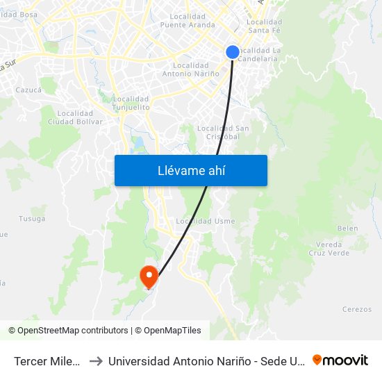 Tercer Milenio to Universidad Antonio Nariño - Sede Usme map