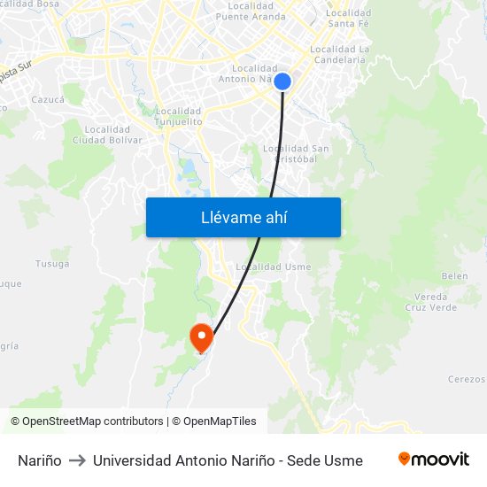 Nariño to Universidad Antonio Nariño - Sede Usme map